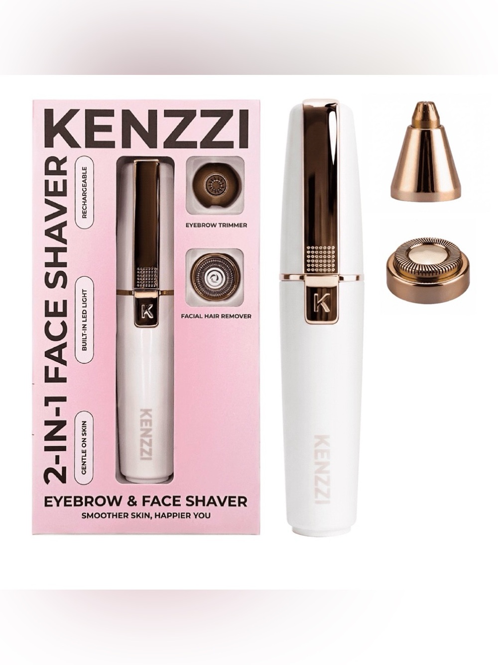 Kenzzi | White & Gold 2-in-1 Face Shaver | Eyebrow & Face Rechargeable LED Light
